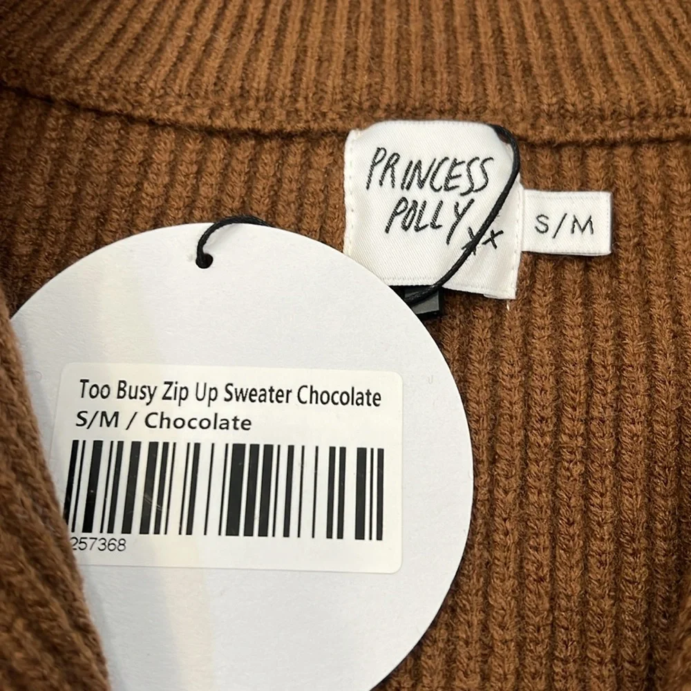 Princess Polly NWT Too Busy Zip Up Sweater‎ Chocolate - Size S/M